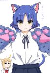  ! :3 animal_ear_fluff animal_ears animal_hands blonde_hair blue_hair bocchi_the_rock! bow bowtie cat_ears cat_tail closed_mouth gloves hair_ornament hairclip hands_up highres ijichi_nijika kemonomimi_mode koto-sensei looking_at_viewer neck_ribbon paw_gloves paw_pose red_bow red_bowtie ribbon school_uniform shirt short_hair simple_background smile smug tail translation_request white_background white_shirt yamada_ryou yellow_eyes 