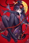  1girl black_gloves black_hair black_legwear bodystocking commentary crossed_ankles english_commentary flower full_moon gloves hair_flower hair_ornament hair_stick hand_gesture hanny_(uirusu_chan) highres legs_up looking_at_viewer menreiki moon no_shoes onmyoji print_skirt red_background red_eyes ring_hair_ornament skirt solo toes updo wide_sleeves 