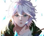  1boy bangs blurry blurry_foreground collarbone dangan_ronpa_(series) dangan_ronpa_2:_goodbye_despair depth_of_field face green_eyes green_jacket hair_between_eyes hood hood_down hooded_jacket jacket komaeda_nagito looking_at_viewer male_focus meipoi messy_hair motion_blur open_mouth parted_lips portrait shards short_hair silver_hair simple_background solo upper_body white_background 