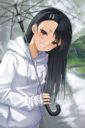  1girl absurdres bangs black_hair blurry blurry_background blush brown_eyes commentary_request cowboy_shot day fang grass grin hair_ornament hairclip highres holding holding_umbrella hood hood_down hoodie ijiranaide_nagatoro-san junkt729 long_hair long_neck long_sleeves looking_at_viewer nagatoro_hayase outdoors rain road sleeves_past_wrists smile solo street transparent transparent_umbrella tree umbrella 