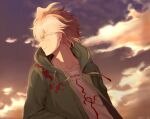  1boy ahoge bangs blonde_hair closed_mouth clouds collarbone commentary_request dangan_ronpa_(series) dangan_ronpa_2:_goodbye_despair green_jacket grey_hair grey_shirt hood hood_down hooded_jacket hoodie jacket komaeda_nagito looking_to_the_side male_focus meipoi messy_hair open_clothes open_jacket outdoors print_shirt profile shirt sky smile solo sunset upper_body 