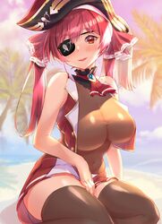  1girl black_headwear blush bodysuit breasts brown_bodysuit brown_legwear commentary_request covered_navel eyepatch hair_ribbon hat highres hololive houshou_marine large_breasts long_hair looking_at_viewer o-hako pirate_hat red_eyes red_ribbon redhead ribbon sitting sleeveless smile solo thigh-highs thighs twintails virtual_youtuber 