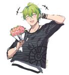  1boy :d amami_rantarou arm_up bangs blush bouquet bracelet closed_eyes commentary_request cropped_torso dangan_ronpa_(series) dangan_ronpa_v3:_killing_harmony flower green_hair grey_background holding holding_bouquet holding_flower horizontal_stripes jewelry male_focus meipoi motion_lines open_mouth ring shirt short_hair short_sleeves simple_background sketch smile solo striped striped_shirt twitter_username upper_body upper_teeth white_background 
