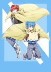  2boys akabane_karma ansatsu_kyoushitsu bangs belt blue_background blue_eyes blue_hair blue_vest brown_belt brown_cape brown_gloves brown_jacket cape commentary_request denim full_body gloves hand_up holding holding_map jacket jeans koro-sensei_quest long_sleeves looking_at_viewer male_focus map meipoi multiple_boys official_alternate_costume open_mouth pants red_eyes redhead shiota_nagisa shirt short_hair smile vest white_shirt wings 