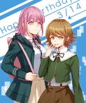  1boy 1girl backpack bag bangs black_ribbon black_shirt blue_background breasts brown_eyes brown_hair cat_bag collared_shirt dangan_ronpa:_trigger_happy_havoc dangan_ronpa_(series) dangan_ronpa_2:_goodbye_despair dated flipped_hair frown fujisaki_chihiro green_jacket green_shirt happy_birthday hood jacket long_sleeves medium_breasts meipoi nanami_chiaki open_clothes open_jacket otoko_no_ko pink_bag pink_eyes pink_hair pink_ribbon pleated_skirt ribbon school_uniform shirt shirt_tucked_in short_hair skirt smile symbol_commentary white_shirt 