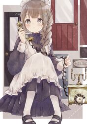  1girl absurdres apron black_footwear blush braid braided_ponytail brown_hair closed_mouth eyebrows_visible_through_hair grey_eyes highres indoors long_sleeves looking_at_viewer maid maid_apron maid_headdress original phone shano-pirika sidelocks sitting solo white_legwear 