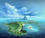  beach blue_sky building cliff clouds day english_commentary fantasy from_above grass highres island mountain no_humans ocean original rock sand satoru_wada scenery signature sky town tree water 