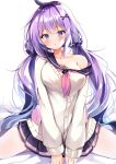  1girl azur_lane bangs bare_shoulders blue_eyes blush cardigan commentary_request hair_intakes hair_ornament highres long_hair long_sleeves looking_at_viewer miniskirt neckerchief nenobi_(nenorium) pink_neckwear purple_hair simple_background sitting skirt solo unicorn_(amusement_park_date)_(azur_lane) unicorn_(azur_lane) very_long_hair white_background white_cardigan x_hair_ornament 