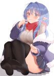  1girl black_legwear blue_eyes blue_hair breasts elf fairy feet full_body highres large_breasts long_hair looking_at_viewer original pantyhose pointy_ears red_scarf ribbed_sweater scarf skirt soles sweater thigh-highs toes white_background zhaofeng_yinyue 