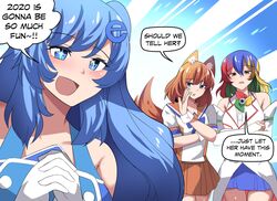  +_+ 2020 3girls :d absurdres animal_ears bare_shoulders blue_eyes blue_hair blush english_text firefox_(merryweather) fox_ears fox_girl fox_tail gloves google_chrome_(merryweather) hands_together highres hinghoi internet_explorer_(merryweather) internet_explorer_(webcomic) long_hair medium_hair merryweather multicolored multicolored_eyes multicolored_hair multiple_girls open_mouth orange_hair school_uniform serafuku smile speech_bubble tail white_gloves 