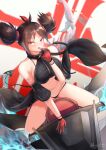  1girl artist_name azur_lane bare_shoulders breasts brown_hair detached_sleeves double_bun eyebrows_visible_through_hair finger_to_mouth gloves half_gloves highres iron_blood_(emblem) large_breasts mechanical_animal medium_hair multicolored_hair ntk_nartaku older red_eyes red_gloves redhead streaked_hair tongue tongue_out two-tone_hair u-37_(azur_lane) water 