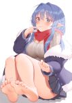  1girl bare_legs barefoot blue_eyes blue_hair breasts elf fairy feet full_body highres large_breasts legs long_hair looking_at_viewer original pointy_ears red_scarf ribbed_sweater scarf skirt soles sweater thigh-highs toes white_background zhaofeng_yinyue 