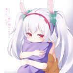 1girl :o animal_ears azur_lane bangs bare_shoulders blush brown_shirt commentary_request eyebrows_visible_through_hair gradient gradient_background green_scrunchie grey_background hair_ornament hair_scrunchie hairband kokone_(coconeeeco) laffey_(azur_lane) long_hair off-shoulder_shirt off_shoulder parted_lips pillow pillow_hug rabbit_ears red_eyes red_hairband scrunchie shirt short_sleeves silver_hair solo translation_request twintails upper_body very_long_hair white_background 