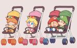  2boys 2girls arms_up baby baby_daisy baby_luigi baby_mario baby_peach blonde_hair blue_eyes blue_pants blush blush_stickers brothers brown_hair closed_eyes crown dress eyelashes full_body gem green_gemstone green_headwear green_shirt grey_background hat hoshikuzu_pan looking_at_another looking_up luigi mario multiple_boys multiple_girls open_mouth orange_dress overalls pacifier pants pink_dress princess_daisy princess_peach red_gemstone red_headwear red_shirt shirt shoes short_hair short_sleeves siblings simple_background sitting smile stroller super_mario_bros. white_footwear 