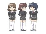  3girls agent_aika aika_(series) black_delmo black_footwear black_jacket black_skirt blue_hair brown_hair chibi cravat delmogeny_uniform full_body hand_on_hip high_heels highres jacket juliet_sleeves kuroyoshi lineup long_sleeves medium_hair multiple_girls navel panties pleated_skirt puffy_sleeves red_neckwear sae_(agent_aika) short_hair skirt standing thigh-highs underwear uniform white_legwear yuki_(agent_aika) 