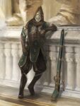  1other ambiguous_gender armor brown_footwear brown_gloves brown_pants elbow_gloves english_commentary fantasy full_body gloves gun helmet highres hood hood_up leaning_back musket original pants satoru_wada shirt signature standing statue weapon white_shirt 