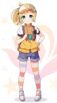  1girl backpack bag bangs blonde_hair blue_eyes blue_shorts blush closed_mouth eyebrows_visible_through_hair female_protagonist_(new_pokemon_snap) full_body hand_on_hip highres holding jacket legwear_under_shorts nekono_rin new_pokemon_snap orange_jacket pantyhose ponytail puffy_short_sleeves puffy_sleeves shoes short_shorts short_sleeves shorts smile solo standing striped striped_legwear visor_cap white_footwear white_headwear wristband 