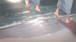  2girls absurdres barefoot beach footprints highres huge_filesize japanese_clothes kimono long_hair multiple_girls oekaki_taro original sand standing water 