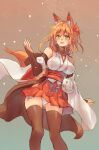  1girl :d animal_ear_fluff animal_ears bangs bare_shoulders black_legwear black_scarf blush breasts breath commentary detached_sleeves fox_ears fox_girl fox_tail green_eyes hair_between_eyes japanese_clothes large_breasts long_hair looking_at_viewer mask obi open_mouth orange_hair original panties red_sash red_skirt sash sawaya_(mizukazu) scarf simple_background skirt smile snowflakes snowing solo standing tail thigh-highs underwear white_panties 