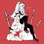  1girl blood blood_on_face bloody_clothes boots do_m_kaeru earrings fire_emblem fire_emblem:_three_houses hand_on_own_knee headband hilda_valentine_goneril jewelry long_hair looking_to_the_side monochrome red_background rock simple_background sitting skirt thigh-highs thigh_boots upskirt weapon 