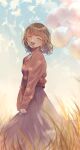  1girl balloon blonde_hair blue_sky blush closed_eyes clouds dress grass grey_dress highres holding holding_balloon ilis_0226 long_sleeves medium_hair open_mouth original outdoors plant red_sweater sky smile solo standing sweater 