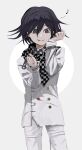  1boy 55ll221 bangs black_hair checkered checkered_neckwear checkered_scarf clip commentary_request cowboy_shot cuffed cuffs dangan_ronpa_(series) dangan_ronpa_v3:_killing_harmony double-breasted eighth_note grey_background hair_between_eyes handcuffs hands_up highres jacket long_sleeves looking_at_viewer male_focus mouth_hold musical_note ouma_kokichi pants scarf smile solo straitjacket upper_body violet_eyes white_jacket white_pants 