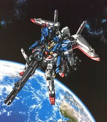  ex-s_gundam floating green_eyes gun gundam gundam_sentinel highres holding holding_gun holding_weapon looking_down mecha mechanical_wings no_humans official_art science_fiction solo space teraoka_iwao v-fin weapon wings 