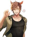  1boy animal_ears au_ra bishounen black_tank_top character_request claw_pose covered_abs final_fantasy final_fantasy_xiv highres jewelry light_brown_hair male_focus open_clothes open_shirt pectorals rabbit_boy rabbit_ears saseum_(deerdidiff) short_hair single_earring smile solo tank_top upper_body yellow_eyes 