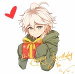  1boy bangs blush box closed_mouth cropped_torso dangan_ronpa_(series) dangan_ronpa_2:_goodbye_despair dated gift green_jacket grey_eyes hands_up happy_birthday heart holding holding_gift hood hood_down hooded_jacket hoodie jacket komaeda_nagito long_sleeves looking_at_viewer male_focus meipoi messy_hair simple_background sleeves_past_fingers sleeves_past_wrists smile solo upper_body white_background 