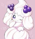  alcremie closed_mouth commentary_request dated gen_8_pokemon highres looking_at_viewer no_humans okoge_(simokaji) one_eye_closed outstretched_hand pokemon pokemon_(creature) signature smile solo violet_eyes 