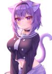  1girl :3 ahoge animal_ear_fluff animal_ears black_choker black_hairband black_serafuku blush breasts cat_ears cat_tail choker commentary_request deaver eyebrows_visible_through_hair fang hair_between_eyes hairband highres hololive large_breasts looking_at_viewer midriff navel nekomata_okayu purple_hair school_uniform serafuku short_hair simple_background skin_fang smile solo tail twitter_username violet_eyes virtual_youtuber white_background white_neckwear 