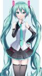  1girl absurdres aqua_eyes aqua_hair aqua_neckwear bare_shoulders black_legwear black_skirt black_sleeves closed_mouth clothes_writing commentary cowboy_shot detached_sleeves english_commentary glowing hair_ornament hand_on_hip hand_on_own_chin hatsune_miku hatsune_miku_(vocaloid4) headphones headset highres itogari long_hair looking_at_viewer miniskirt necktie pleated_skirt see-through_legwear see-through_sleeves shirt shoulder_tattoo skindentation skinny skirt sleeveless sleeveless_shirt solo tattoo thigh-highs thinking twintails v4x very_long_hair vocaloid white_shirt zettai_ryouiki 