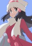  1girl azuumori bag beanie black_hair closed_mouth coat commentary hikari_(pokemon) duffel_bag english_commentary from_below grey_bag grey_eyes hair_ornament hairclip hat highres long_hair pokemon pokemon_(game) pokemon_dppt pokemon_platinum purple_background scarf sidelocks simple_background smile solo white_headwear white_scarf winter_clothes 
