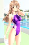  1girl absurdres blue_sky blurry braid breasts brown_eyes brown_hair clouds commentary_request covered_navel cowboy_shot day depth_of_field high_school_fleet highleg highleg_swimsuit highres long_hair medium_breasts nosa_kouko outdoors pool purple_swimsuit sky solo standing string_of_flags swimsuit takafumi twin_braids 