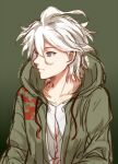  1boy bangs brown_background closed_mouth collarbone commentary_request dangan_ronpa_(series) dangan_ronpa_2:_goodbye_despair dated expressionless gradient gradient_background green_background green_jacket hair_between_eyes hood hood_down hooded_jacket jacket komaeda_nagito long_sleeves male_focus meipoi print_shirt shirt short_hair simple_background solo upper_body white_hair white_shirt 