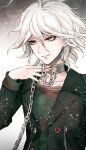  1boy ahoge bangs black_jacket brown_shirt chain chained closed_mouth collar collarbone commentary_request dangan_ronpa_(series) dangan_ronpa_another_episode:_ultra_despair_girls gradient gradient_background green_eyes grey_hair hair_between_eyes jacket komaeda_nagito long_sleeves looking_to_the_side male_focus messy_hair metal_collar open_clothes open_jacket red_shirt sakuyu shirt smile solo upper_body 