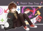  1boy ahoge bangs black_jacket black_pants brown_eyes brown_hair bullet character_name commentary_request dangan_ronpa:_trigger_happy_havoc dangan_ronpa_(series) full_body hand_up happy_new_year hood hoodie jacket knees_up looking_at_viewer male_focus meipoi monokuma naegi_makoto new_year open_clothes open_jacket pants pixels red_footwear shoes short_hair sitting smile sneakers tongue white_footwear 