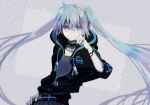  1girl black_choker black_nails blonde_hair blue_eyes blue_jacket blue_nails choker cyawa dot_nose fingernails floating_hair grey_shirt grey_skirt hand_on_hip hand_up hatsune_miku highres hood hood_down hooded_jacket jacket long_hair long_sleeves looking_at_viewer multicolored multicolored_nails parted_lips pleated_skirt shirt skirt solo twintails very_long_hair vocaloid 