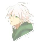  1boy ahoge bangs commentary_request cropped_shoulders dangan_ronpa_(series) dangan_ronpa_2:_goodbye_despair eyebrows_visible_through_hair from_side green_eyes green_jacket hair_between_eyes hood hood_down jacket komaeda_nagito looking_at_viewer male_focus meipoi open_mouth simple_background smile solo upper_body white_background white_hair 