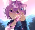  1girl absurdres animal_ear_fluff animal_ears atelier_live blue_jacket blush cat_ears dayshiart hair_between_eyes hand_up highres jacket kemonomimi_mode looking_to_the_side open_hand purple_hair sailor_collar school_uniform serafuku short_hair solo sparkle upper_body violet_eyes virtual_youtuber water_drop_hair_ornament yamane_chiika 