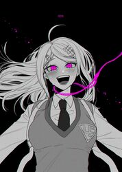  1girl :d ahoge akamatsu_kaede backpack bag bangs black_background blush bong_(0u0bon) breasts collared_shirt dangan_ronpa_(series) dangan_ronpa_v3:_killing_harmony floating_hair hair_ornament highres large_breasts long_hair long_sleeves looking_at_viewer monochrome musical_note musical_note_hair_ornament necktie open_mouth pink_eyes pink_ribbon ribbon shirt smile solo spoilers sweater_vest tears upper_body vest 