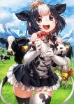 1girl animal_ears animal_print bare_shoulders bell black_hair black_neckwear black_skirt blush bottle bow bowtie commentary_request cow cow_ears cow_girl cow_print cow_tail elbow_gloves extra_ears eyebrows_visible_through_hair frilled_skirt frills glove_bow gloves hair_bow hair_bun highres holstein_friesian_cattle_(kemono_friends) kemono_friends lain looking_at_viewer milk_bottle multicolored_hair open_mouth orange_bow pleated_skirt print_gloves print_legwear print_shirt red_bow shirt short_hair skirt sleeveless solo tail tail_bell tail_bow tail_ornament thigh-highs two-tone_hair zettai_ryouiki 