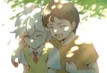  2boys :d alternate_costume arm_around_shoulder bandaid bandaid_on_cheek bandaid_on_face blurry blush brown_hair child closed_eyes collared_shirt dangan_ronpa_(series) dangan_ronpa_2:_goodbye_despair dated depth_of_field friends hinata_hajime komaeda_nagito male_focus meipoi multiple_boys necktie one_eye_closed open_mouth orange_shirt shirt short_hair sideways_glance smile vest yellow_vest younger 