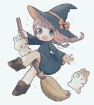  1girl ankle_boots ayu_(mog) black_dress black_eyes blush boots bow braid bright_pupils broom broom_riding brown_footwear dress falling hat hat_bow long_sleeves open_mouth orange_bow original pink_hair rabbit short_dress signature solo sparkle star_(symbol) twin_braids twintails white_background white_pupils witch witch_hat 