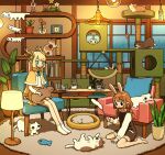  2girls animal_ears antlers aqua_eyes bangs barefoot black_eyes blonde_hair blush book brown_hair cat cat_stretch chair clock cup eyebrows_visible_through_hair flower glowing highres indoors lamp long_hair long_sleeves multiple_girls open_mouth original pet_bed plant pointy_ears potted_plant rabbit_ears red_flower rug shadow shelf sitting smile socks spotted_fur stretch table tao_(tao15102) twintails vase wariza white_cat white_legwear window 