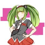  1girl bangs bear_hair_ornament black_neckwear black_shirt bow closed_mouth collared_shirt commentary_request cosplay cowboy_shot dangan_ronpa_(series) dangan_ronpa_another_episode:_ultra_despair_girls enoshima_junko enoshima_junko_(cosplay) green_eyes green_hair hair_ornament hands_on_hips long_hair looking_at_viewer lowres meipoi monaka_(dangan_ronpa) necktie red_bow red_skirt shirt short_sleeves sketch skirt smile solo twintails white_neckwear yellow_eyes 