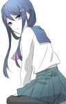  1girl bangs blue_eyes blue_hair closed_mouth commentary_request dangan_ronpa:_trigger_happy_havoc dangan_ronpa_(series) from_side hair_between_eyes hair_ornament hairclip long_hair long_sleeves looking_at_viewer maizono_sayaka miniskirt pale_skin pleated_skirt sailor_collar sakuyu school_uniform serafuku shirt sitting skirt solo tears thigh-highs wariza white_background white_shirt 