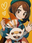  1girl blush brown_eyes brown_hair cardigan closed_mouth commentary_request eyebrows_visible_through_hair eyelashes gen_8_pokemon gloria_(pokemon) green_headwear grey_cardigan hat heart looking_at_viewer mofge orange_background pokemon pokemon_(creature) pokemon_(game) pokemon_swsh scorbunny short_hair simple_background smile starter_pokemon tam_o&#039;_shanter waving 