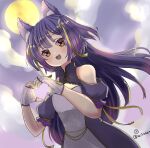  .live 1girl animal_ears blush breasts clouds cloudy_sky commentary_request fang fingerless_gloves full_moon gloves heart heart_hands long_hair moon open_mouth purple_hair rurun_rururica sai_(mayuemon817) sky small_breasts solo twitter_username virtual_youtuber wolf_ears yellow_eyes 