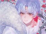  1boy flower inuyasha male_focus micha parted_lips pointy_ears portrait red_flower sesshoumaru shiny shiny_hair silver_hair slit_pupils solo yellow_eyes 